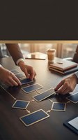 Business professionals collaborating on workflow diagram with connected blue cards and golden arrows on wooden table in modern office environment.
