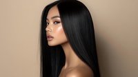 Young Asian woman with long straight black hair and glowing skin in profile view against neutral beige background, showcasing elegant beauty look.