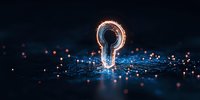Glowing keyhole shape on dark background with blue light effects and bokeh particles, symbolizing cybersecurity and digital access control solutions.