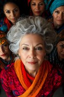 Diverse group of mature women in vibrant ethnic clothing and scarves, featuring silver-haired woman in orange scarf and red patterned dress in foreground.