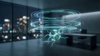 Glowing blue energy vortex with lightning swirling in a modern dark office, futuristic technology concept for science and innovation.
