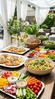 Outdoor summer dining setup with fresh healthy food spread on wooden table under white pergola canopy for garden party entertaining and al fresco meals.