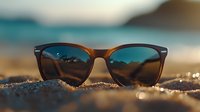 Stylish brown sunglasses on sandy beach with blurred ocean and sunset background, perfect for summer vacation and travel themes.