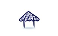 Minimalist navy blue umbrella or parasol icon with simple brush stroke style on white background, isolated design element for branding and graphics.