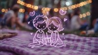 Romantic neon doodle couple sitting on picnic blanket with glowing hearts and bokeh lights in background, creating magical evening atmosphere.
