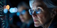 Senior Caucasian businesswoman with glasses analyzing data on virtual screen in dark office, illuminated by blue digital display glow, side profile view.