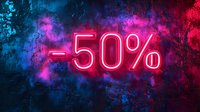 Glowing neon red 50 percent discount sign on dark textured wall with dramatic blue and pink smoke effects, creating moody retail atmosphere.