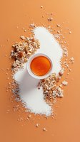 Raw egg yolk in white ceramic bowl surrounded by scattered flour and crushed nuts on orange background, minimalist food composition with strong shadow.