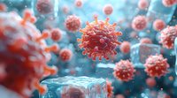 Microscopic view of coral-colored virus particles floating in blue fluid environment with ice cube, illustrating pathogen spread concept.