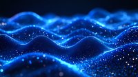 Glowing blue waves with sparkling particles create dynamic abstract background with flowing motion and luminous energy effect for technology designs.