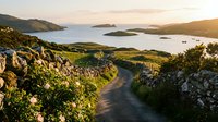 Scenic coastal road winding through rugged landscape at golden hour with ocean views, islands and dramatic cliffs creating peaceful countryside atmosphere.