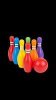 Colorful toy bowling set with six pins and a red ball, isolated on transparent background. Great for clipart, stickers, t-shirt design, and print on demand.
