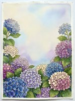 Watercolor hydrangea garden with blue, purple, and cream blooms framing a soft pastel sky, painted on textured paper with delicate botanical detail.