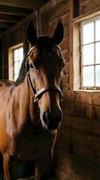 Brown horse wearing halter standing in rustic wooden stable with natural light from windows, suitable for equestrian, farm, and animal care content.