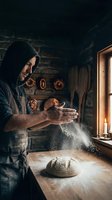 Male baker with dark hair and beard dusting flour over fresh dough in rustic bakery workshop with wooden work surface, warm window light, and traditional bread molds on brick wall.