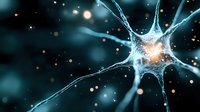 Glowing neuron cell with synaptic connections on dark background, electrical impulses and energy transmission visible. Scientific visualization for medical and research concepts.