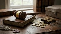 Wooden gavel on law book with scattered coins and documents on vintage desk near window. Legal finance concept for bankruptcy, debt collection, court fees.