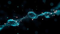 Glowing turquoise particles forming dynamic wave pattern against dark background with bokeh light effects and floating luminous dots creating cosmic atmosphere.