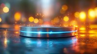 Futuristic glowing platform with neon blue light on wet reflective surface against blurred orange bokeh background creates sci-fi atmosphere.