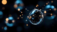 Glowing soap bubble with constellation pattern floating in dark space surrounded by magical bokeh lights and luminous particles creating dreamy atmosphere.