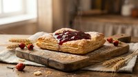 Golden puff pastry tart with berry jam on rustic wooden board in cozy kitchen setting with warm natural lighting for bakery and food photography.