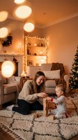 Young Caucasian mother and toddler playing with wooden blocks in cozy Christmas living room with warm lights and festive decorations at home.