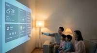 Asian family with father, mother and young child using smart home projection system on living room wall displaying weather, music and home automation controls.