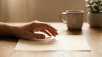 Young adult hand resting on blank paper at wooden desk with coffee cup and plant, suitable for business, creativity, writing, and workspace design projects.