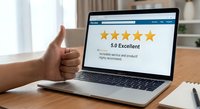 Customer giving thumbs up to five star rating on laptop screen showing excellent product review and recommendation for online business feedback.