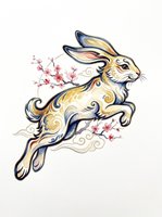 Leaping rabbit in Asian folk art style with cherry blossoms, isolated on transparent background. Great for t-shirts, stickers, print on demand, and sublimation designs.