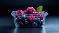 Fresh ripe raspberries, blackberries and blueberries in plastic container on dark background, macro shot of mixed berries with selective focus.