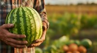 Farmer holding fresh ripe watermelon in hands at agricultural field during harvest season, organic produce farming.