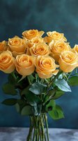 Fresh bouquet of peach colored roses with green leaves in clear glass vase against dark blue background, romantic floral arrangement for special occasions.