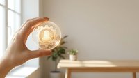Close-up of hand holding glowing light bulb with filament against bright window and wooden desk with potted plant, symbolizing energy efficiency and sustainable ideas.