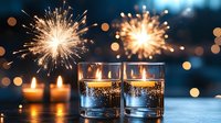 Festive celebration with sparklers and glowing candles behind two glasses filled with champagne against blurred bokeh lights creating magical holiday atmosphere.