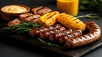 Grilled sausages with charred corn on wooden board, served with fresh rosemary sprigs and creamy dipping sauce. Dark moody food photography.