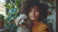 Young African American woman with curly hair holding small fluffy dog in cozy plant-filled home interior for lifestyle and pet ownership content.