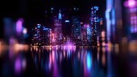 Modern cityscape with illuminated skyscrapers reflecting in water at night, featuring vibrant purple and blue neon lights creating dreamy urban atmosphere.