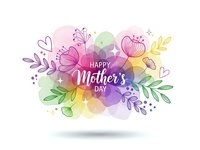 Happy Mother's Day greeting card with colorful watercolor flowers, leaves and hearts on white background for celebration design.