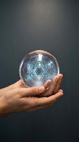 Hand holding glowing crystal ball with sacred geometry hologram inside for spiritual technology and futuristic mysticism concepts.