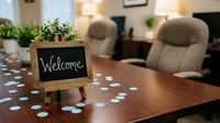 Welcome sign on wooden easel with small plant in modern office conference room with leather chairs and scattered paper confetti on polished table.
