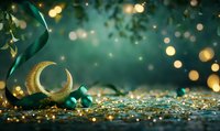 Golden crescent moon with emerald green ribbon and glowing bokeh lights on dark background creates magical festive atmosphere for Ramadan celebration.