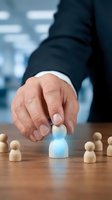 Businessman hand selecting glowing wooden figure from group representing talent acquisition, leadership choice, and human resources management in corporate environment.