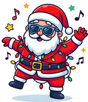 Cool Santa Claus dancing with sunglasses and Christmas lights, festive holiday character isolated on white background for seasonal designs and decorations.