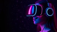 Young woman wearing VR headset with neon lighting in futuristic cyberpunk style against starry background for gaming and technology concepts.