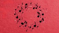 Musical notes arranged in circular pattern on coral pink textured background for creative projects and music-themed designs.