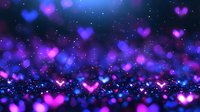Glowing pink and purple heart bokeh lights on dark background with sparkle effect, romantic magical atmosphere for Valentine's day designs and love themes.