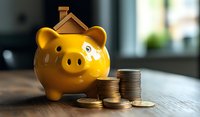 Yellow ceramic piggy bank with small house on top next to stacked coins on wooden table, representing home savings and mortgage investment concept.
