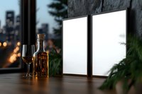 Mockup with two blank white frames on dark wooden table with whiskey bottle and glass, evening city view through window, ambient lighting.