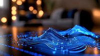 Glowing blue circuit board pattern with flowing lines and illuminated pathways against dark background creates futuristic technology concept for digital transformation.